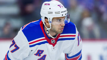 OTTAWA, ON - FEBRUARY 17: New York Rangers Defenceman Tony DeAngelo (77) prepares for a face-off during first period National Hockey League action between the New York Rangers and Ottawa Senators on February 17, 2018, at Canadian Tire Centre in Ottawa, ON, Canada. (Photo by Richard A. Whittaker/Icon Sportswire via Getty Images)