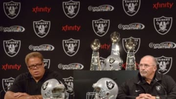 Sep 30, 2014; Alameda, CA, USA; Oakland Raiders general manager Reggie McKenzie (left) and Tony Sparano (right) at press conference to introduce Sparano as Raiders interim coach at the Raiders practice facility. Mandatory Credit: Kirby Lee-USA TODAY Sports