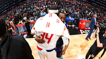 LOS ANGELES, CA - JANUARY 8: Tobias Harris #34 of the LA Clippers hugs Kemba Walker #15 of the Charlotte Hornets on January 8, 2019 at STAPLES Center in Los Angeles, California. NOTE TO USER: User expressly acknowledges and agrees that, by downloading and/or using this Photograph, user is consenting to the terms and conditions of the Getty Images License Agreement. Mandatory Copyright Notice: Copyright 2019 NBAE (Photo by Andrew D. Bernstein/NBAE via Getty Images)