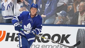 TORONTO,ON - SEPTEMBER 21: Rasmus Sandin #78 of the Toronto Maple Leafs skates during warm-up prior to action against the Buffalo Sabres in an NHL pre-season game at Scotiabank Arena on September 21, 2018 in Toronto, Ontario, Canada. The Maple Leafs defeated the Sabres 5-3. (Photo by Claus Andersen/Getty Images)