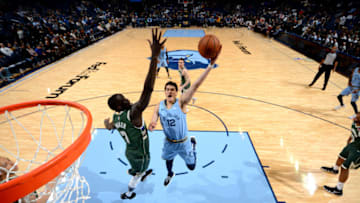 MEMPHIS, TN - JANUARY 16: Yuta Watanabe #12 of the Memphis Grizzlies shoots the ball against the Milwaukee Bucks on January 16, 2019 at the FedExForum in Memphis, Tennessee. NOTE TO USER: User expressly acknowledges and agrees that, by downloading and/or using this Photograph, user is consenting to the terms and conditions of the Getty Images License Agreement. Mandatory Copyright Notice: Copyright 2019 NBAE (Photo by Jesse D. Garrabrant/NBAE via Getty Images)