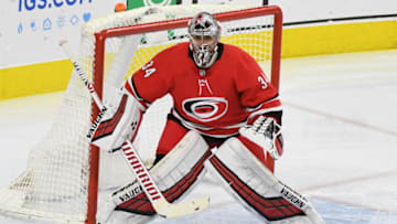 PHILADELPHIA, PA - JANUARY 03: Carolina Hurricanes Goalie Petr Mrazek (34) tends net during the game between the Carolina Hurricanes and the Philadelphia Flyers on January 3, 2019, at the Wells Fargo Center in Philadelphia, PA. (Photo by Andy Lewis/Icon Sportswire via Getty Images)