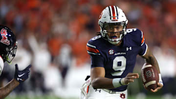 Oct 21, 2023; Auburn, Alabama, USA; Auburn Tigers quarterback Robby Ashford (9) carries against the Mississippi Rebels during the second quarter at Jordan-Hare Stadium. Mandatory Credit: John Reed-USA TODAY Sports
