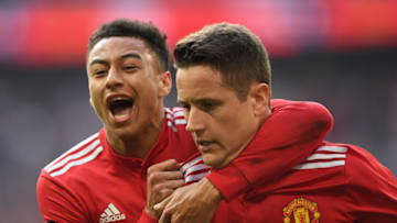 LONDON, ENGLAND - APRIL 21: Ander Herrera of Manchester United celebrates with team mate Jesse Lingard after scoring the winning goal during The Emirates FA Cup Semi Final between Manchester United and Tottenham Hotspur at Wembley Stadium on April 21, 2018 in London, England. (Photo by Tottenham Hotspur FC/Tottenham Hotspur FC via Getty Images)