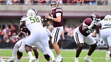Sep 2, 2023; Starkville, Mississippi, USA; Mississippi State Bulldogs quarterback Will Rogers (2) looks to pass against the Southeastern Louisiana Lions at Davis Wade Stadium at Scott Field. Mandatory Credit: Matt Bush-USA TODAY Sports