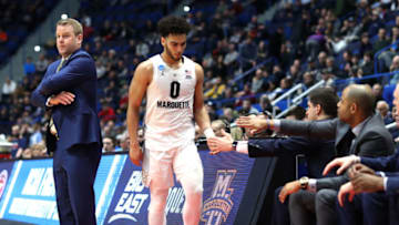 HARTFORD, CONNECTICUT - MARCH 21: Markus Howard #0 of the Marquette Golden Eagles leaves the game at the end of the second half against the Murray State Racers during the first round game of the 2019 NCAA Men's Basketball Tournament at XL Center on March 21, 2019 in Hartford, Connecticut. Murray State defeated Marquette 83-64. (Photo by Rob Carr/Getty Images)
