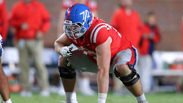 OXFORD, MISSISSIPPI - NOVEMBER 16: Royce Newman #72 of the Mississippi Rebels in action during a game against the LSU Tigers at Vaught-Hemingway Stadium on November 16, 2019 in Oxford, Mississippi. (Photo by Jonathan Bachman/Getty Images)