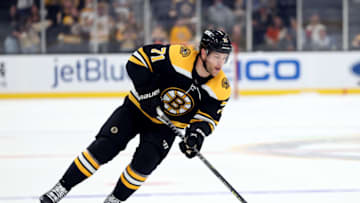 BOSTON, MASSACHUSETTS - SEPTEMBER 30: Taylor Hall #71 of the Boston Bruins skates against the Philadelphia Flyers during a practice shootout following the preseason game at TD Garden on September 30, 2021 in Boston, Massachusetts. The Bruins defeat the Flyers 4-2. (Photo by Maddie Meyer/Getty Images)