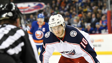NEW YORK, NY - FEBRUARY 03: Alexander Wennberg #10 of the Columbus Blue Jackets looks on during the second period against the New York Islanders at Barclays Center on February 3, 2018 in New York City. (Photo by Christopher Pasatieri/NHLI via Getty Images)