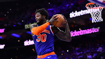 Nov 4, 2022; Philadelphia, Pennsylvania, USA; New York Knicks forward Julius Randle (30) secures a rebound against the Philadelphia 76ers in the fourth quarter at Wells Fargo Center. Mandatory Credit: Kyle Ross-USA TODAY Sports