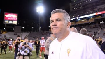 Nov 10, 2016; Tempe, AZ, USA; Arizona State Sun Devils head coach Todd Graham leaves the field after the second half against the Utah Utes at Sun Devil Stadium. The Utes won 49-26. Mandatory Credit: Joe Camporeale-USA TODAY Sports