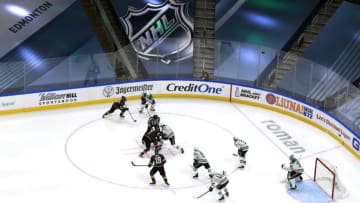 The Dallas Stars and the Vegas Golden Knights face off in the third period in a Western Conference Round Robin game. (Photo by Jeff Vinnick/Getty Images)
