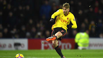 WATFORD, ENGLAND - FEBRUARY 05: Gerard Deulofeu of Watford scores the 3rd Watford goal during the Premier League match between Watford and Chelsea at Vicarage Road on February 5, 2018 in Watford, England. (Photo by Michael Regan/Getty Images)