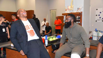 Former OKC Thunder superstar Russell Westbrook with new teammate James Harden (Photo by Bill Baptist/NBAE via Getty Images)