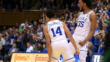 DURHAM, NC - NOVEMBER 11: Jordan Goldwire #14 and Marvin Bagley III #35 of the Duke Blue Devils react following a play against the Utah Valley Wolverines at Cameron Indoor Stadium on November 11, 2017 in Durham, North Carolina. (Photo by Lance King/Getty Images)