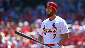 Apr 14, 2016; St. Louis, MO, USA; St. Louis Cardinals left fielder Matt Holliday (7) looks on from the batters box against the Milwaukee Brewers at Busch Stadium. The Cardinals won the game 7-0. Mandatory Credit: Billy Hurst-USA TODAY Sports