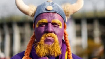 LONDON, ENGLAND - OCTOBER 29: A Minnesota Vikings fan looks on before kick off during the NFL International Series match between Minnesota Vikings and Cleveland Browns at Twickenham Stadium on October 29, 2017 in London, England. (Photo by Alan Crowhurst/Getty Images)