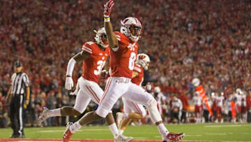Oct 29, 2016; Madison, WI, USA; Wisconsin Badgers cornerback Sojourn Shelton (8) celebrates during the game against the Nebraska Cornhuskers at Camp Randall Stadium. Wisconsin won 23-17. Mandatory Credit: Jeff Hanisch-USA TODAY Sports