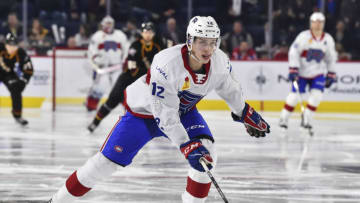 LAVAL, QC - DECEMBER 10: Lukas Vejdemo #12 of the Laval Rocket skates against the Cleveland Monsters during the second period at Place Bell on December 10, 2019 in Laval, Canada. The Laval Rocket defeated the Cleveland Monsters 3-2 in a shootout. (Photo by Minas Panagiotakis/Getty Images)