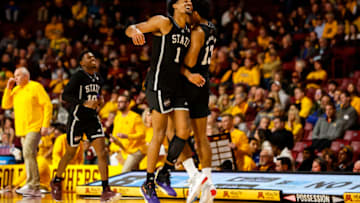 MINNEAPOLIS, MN - DECEMBER 11: Tolu Smith #1 and Will McNair Jr. #13 of the Mississippi State Bulldogs react to a call on the court in the second half of the game against the Minnesota Golden Gophers at Williams Arena on December 11, 2022 in Minneapolis, Minnesota. The Bulldogs defeated the Golden Gophers 69-51. (Photo by David Berding/Getty Images)