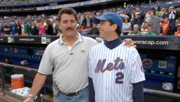 Keith Hernandez and Jerry Seinfeld during Jerry Seinfeld Throws The First Pitch at The Mets/Yankees Subway Series Game to Promote The Release of the "Seinfeld" Season 4 DVD at Shea Stadium in New York City, New York, United States. (Photo by Stephen Lovekin/WireImage)
