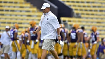 Apr 16, 2016; Baton Rouge, LA, USA; LSU Tigers head coach Les Miles walks across the field during the Spring Game at Tiger Stadium. Mandatory Credit: Matt Bush-USA TODAY Sports