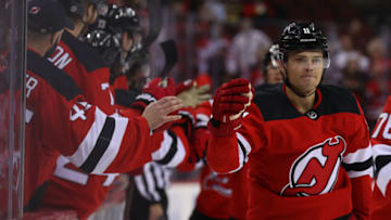 New Jersey Devils left wing Andreas Johnsson (11) celebrates his goal against the Columbus Blue Jackets during the first period at Prudential Center. Mandatory Credit: Ed Mulholland-USA TODAY Sports