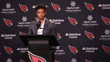 TEMPE, ARIZONA - APRIL 26: Quarterback Kyler Murray of the Arizona Cardinals speaks to the media during a press conference at the Dignity Health Arizona Cardinals Training Center on April 26, 2019 in Tempe, Arizona. Murray was the first pick overall by the Arizona Cardinals in the 2019 NFL Draft. (Photo by Christian Petersen/Getty Images)