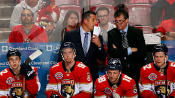 SUNRISE, FL - DECEMBER 8: Head Coach Bob Boughner of the Florida Panthers chats with Associate Coach Jack Capuano during a break in the action against the New York Rangers at the BB&T Center on December 8, 2018 in Sunrise, Florida. (Photo by Eliot J. Schechter/NHLI via Getty Images)
