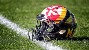 Nov 14, 2015; East Lansing, MI, USA; General view of a Maryland Terrapins helmet on the field prior to a game against the Michigan State Spartans at Spartan Stadium. Mandatory Credit: Mike Carter-USA TODAY Sports