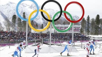 Feb 9, 2014; Krasnaya Polyana, RUSSIA; General view of mens skiathlon during the Sochi 2014 Olympic Winter Games at Laura Cross-Country Ski and Biathlon Center. Mandatory Credit: Kevin Jairaj-USA TODAY Sports