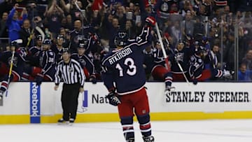 Nov 15, 2016; Columbus, OH, USA; Columbus Blue Jackets right wing Cam Atkinson (13) celebrates a goal against the Washington Capitals during overtime at Nationwide Arena. Columbus beat Washington in overtime 3-2. Mandatory Credit: Russell LaBounty-USA TODAY Sports