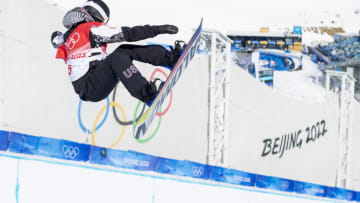 BEIJING, CHINA - February 07: Maddie Mastro of the United States in action during the Snowboard Halfpipe practice at Genting Snow Park during the Winter Olympic Games on February 7th, 2022 in Zhangjiakou, China. (Photo by Tim Clayton/Corbis via Getty Images)