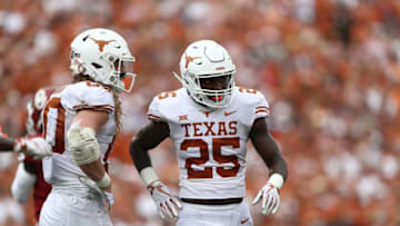 DALLAS, TX - OCTOBER 06: B.J. Foster #25 of the Texas Longhorns during the 2018 AT&T Red River Showdown at Cotton Bowl on October 6, 2018 in Dallas, Texas. (Photo by Ronald Martinez/Getty Images)