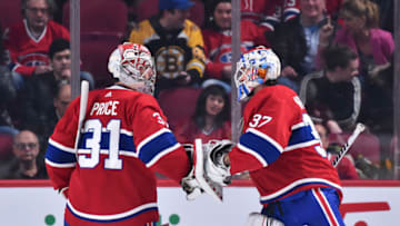 MONTREAL, QC - NOVEMBER 26: Goaltender Carey Price #31 of the Montreal Canadiens skates off the ice as teammate Keith Kinkaid #37 replaces him during the second period against the Boston Bruins at the Bell Centre on November 26, 2019 in Montreal, Canada. (Photo by Minas Panagiotakis/Getty Images)