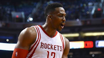 Feb 19, 2016; Phoenix, AZ, USA; Houston Rockets center Dwight Howard (12) reacts against the Phoenix Suns during the second half at Talking Stick Resort Arena. The Rockets won 116-100. Mandatory Credit: Joe Camporeale-USA TODAY Sports