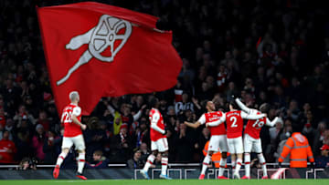 LONDON, ENGLAND - FEBRUARY 23: Pierre-Emerick Aubameyang of Arsenal celebrates scoring his teams third goal during the Premier League match between Arsenal FC and Everton FC at Emirates Stadium on February 23, 2020 in London, United Kingdom. (Photo by Chloe Knott - Danehouse/Getty Images)
