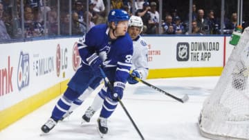 TORONTO, ON - OCTOBER 10: Rasmus Sandin #38 of the Toronto Maple Leafs skates against the Tampa Bay Lightning during the second period at the Scotiabank Arena on October 10, 2019 in Toronto, Ontario, Canada. (Photo by Mark Blinch/NHLI via Getty Images)