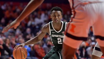 Jan 25, 2022; Champaign, Illinois, USA; Michigan State Spartans guard Tyson Walker (2) drives the ball during the second half against the Illinois Fighting Illini at State Farm Center. Mandatory Credit: Ron Johnson-USA TODAY Sports