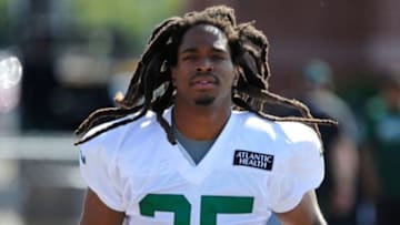 Jul 24, 2014; Cortland, NY, USA; New York Jets running back Daryl Richardson (35) jogs out to the field prior to the start of training camp at SUNY Cortland. Mandatory Credit: Rich Barnes-USA TODAY Sports