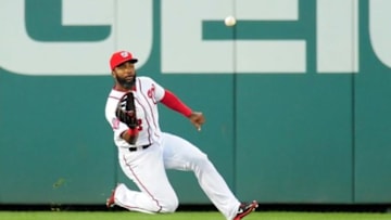 Jun 24, 2015; Washington, DC, USA; Washington Nationals outfielder Denard Span (2) catches a fly ball during the game against the Atlanta Braves at Nationals Park. Mandatory Credit: Evan Habeeb-USA TODAY Sports