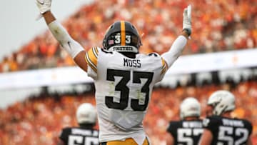 Sep 11, 2021; Ames, Iowa, USA; Iowa Hawkeyes defensive back Riley Moss (33) celebrates after a Hawkeyes touchdown against the Iowa State Cyclones in the third quarter at Jack Trice Stadium. The Hawkeyes won 27-17. Mandatory Credit: Reese Strickland-USA TODAY Sports
