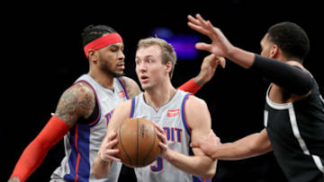 NEW YORK, NY - JANUARY 10: Luke Kennard #5 of the Detroit Pistons looks to pass the ball in the fourth quarter against the Brooklyn Nets during their game at Barclays Center on January 10, 2018 in the Brooklyn borough of New York City. NOTE TO USER: User expressly acknowledges and agrees that, by downloading and or using this photograph, User is consenting to the terms and conditions of the Getty Images License Agreement. (Photo by Abbie Parr/Getty Images)