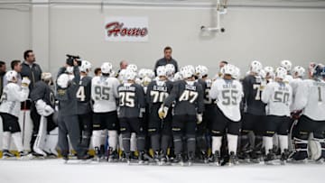 LAS VEGAS, NV - JULY 01: Vegas Golden Knights General Manager George McPhee speaks to the team after a joint scrimmage at the Vegas Golden Knights Development Camp on July 1, 2017 at the Las Vegas Ice Center in Las Vegas, Nevada. (Photo by Jeff Speer/Icon Sportswire via Getty Images)