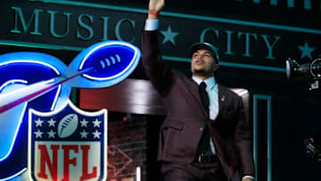 NASHVILLE, TENNESSEE - APRIL 25: Andre Dillard of Washington State reacts after being chosen #22 overall by the Philadelphia Eagles during the first round of the 2019 NFL Draft on April 25, 2019 in Nashville, Tennessee. (Photo by Andy Lyons/Getty Images)