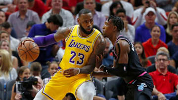 Los Angeles Lakers forward LeBron James (23) drives to the basket against Miami Heat guard Josh Richardson in the first quarter on Sunday, Nov. 18, 2018 at AmericanAirlines Arena in Miami, Fla. (David Santiago/Miami Herald/TNS via Getty Images)