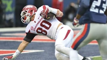 Nov 7, 2015; Oxford, MS, USA; Arkansas Razorbacks wide receiver Drew Morgan (80) scores a touchdown during the first quarter of the game against the Mississippi Rebels at Vaught-Hemingway Stadium. Mandatory Credit: Matt Bush-USA TODAY Sports