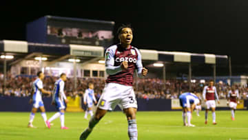 BARROW IN FURNESS, ENGLAND - AUGUST 24: Cameron Archer of Aston Villa celebrates after scoring their side's sixth goal during the Carabao Cup Second Round match between Barrow and Aston Villa at Holker Street on August 24, 2021 in Barrow in Furness, England. (Photo by Lewis Storey/Getty Images)