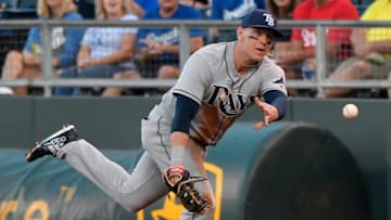 KANSAS CITY, MO - AUGUST 29: Logan Morrison #7 of the Tampa Bay Rays tosses the ball to Alex Cobb #53 as he tries to get the force out at first on Lorenzo Cain #6 of the Kansas City Royals in the first inning at Kauffman Stadium on August 29, 2017 in Kansas City, Missouri. Cain beat the throws for a single on the play. (Photo by Ed Zurga/Getty Images)