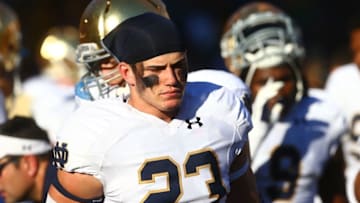 Nov 8, 2014; Tempe, AZ, USA; Notre Dame Fighting Irish safety Drue Tranquill (23) against the Arizona State Sun Devils at Sun Devil Stadium. Arizona State defeated Notre Dame 55-31. Mandatory Credit: Mark J. Rebilas-USA TODAY Sports